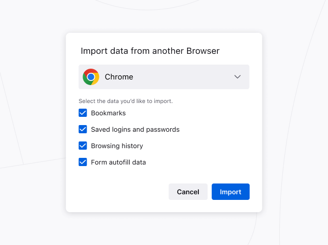 Bild av dialogrutan för importguiden Firefox, som visar alternativ för att importera inställningar och data från andra webbläsare.